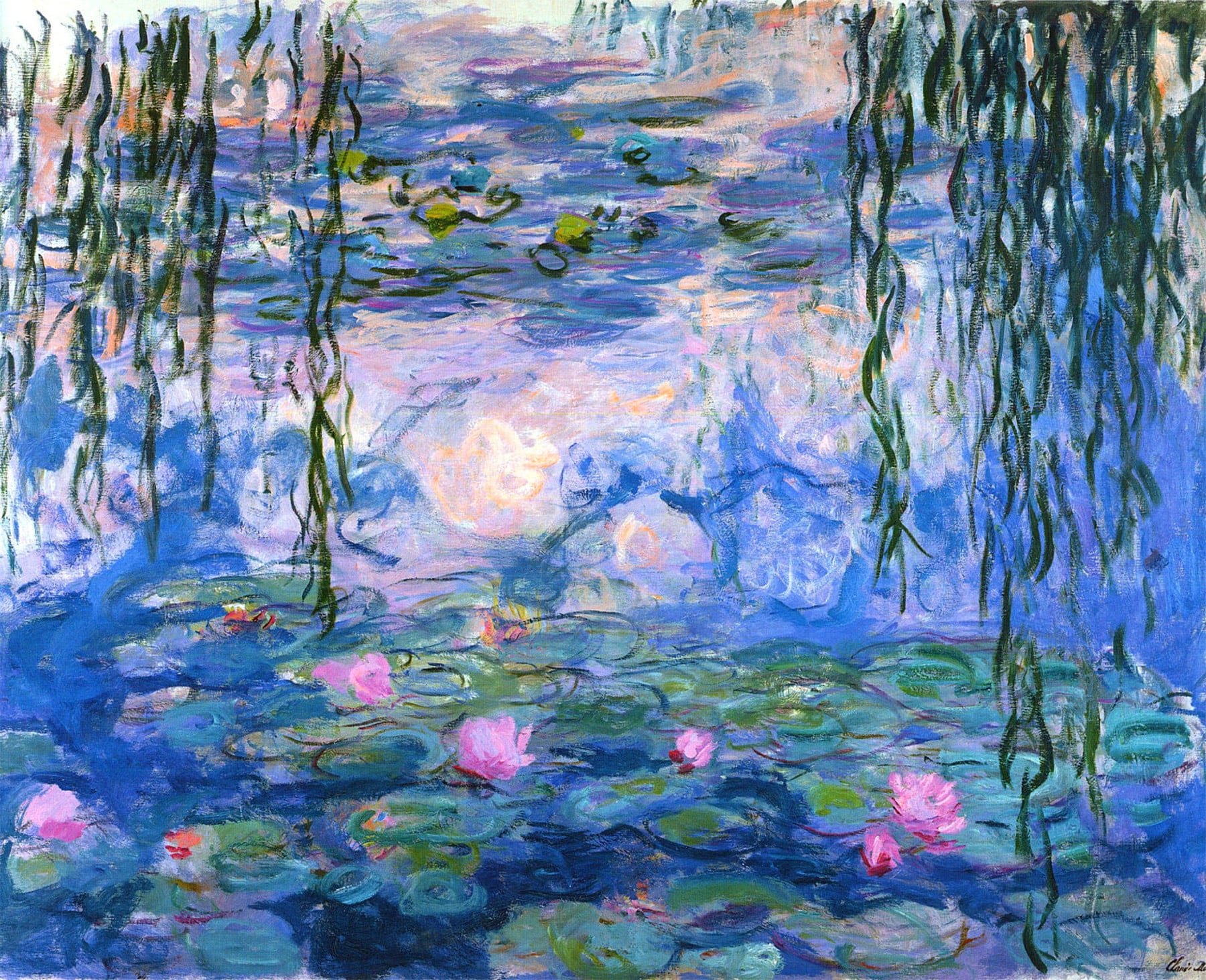 A painting by Claude Monet, titled "Water Lilies." Water lilies float on a pond with reflections of pink, blue, and purple hues. Weeping willow branches hang down from the top framing the scene.